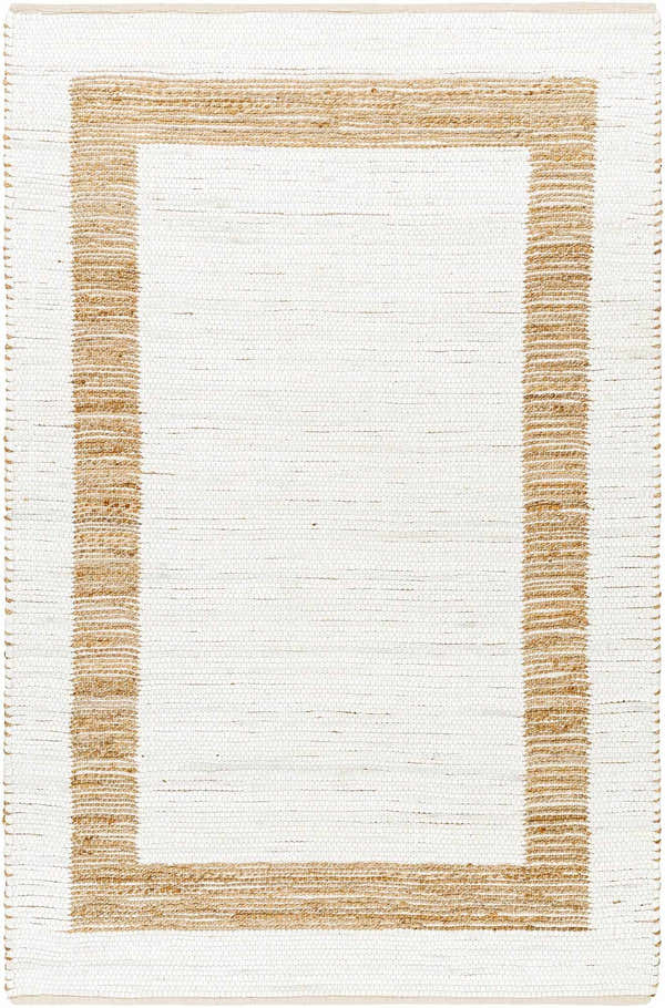 Close-up of the Ghita White Area Rug showing the jute border and hand-woven texture. Contemporary style. Design-Rectangle-576