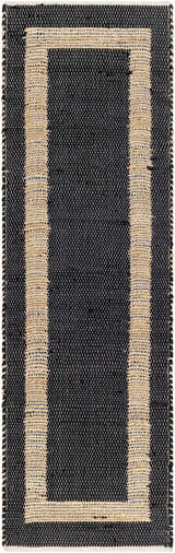Close-up of the Ghita Black Area Rug, a hand-woven rug with a natural-toned border and a textured black center. Design-Runner-268