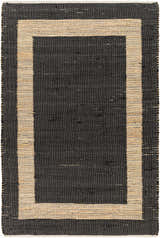 Close-up of the hand woven Ghita Black Area Rug, featuring a natural border and dark center. Rectangle shape. Design-Rectangle-576