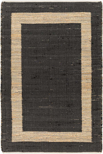 Close-up of the hand woven Ghita Black Area Rug, featuring a natural border and dark center. Rectangle shape. Design-Rectangle-576