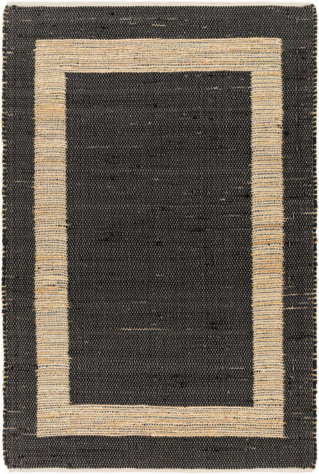 Close-up of the hand woven Ghita Black Area Rug, featuring a natural border and dark center. Rectangle shape. Design-Rectangle-576