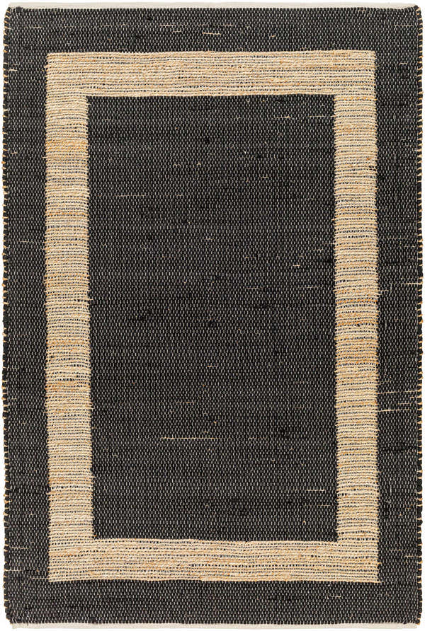 Close-up of the hand woven Ghita Black Area Rug, featuring a natural border and dark center. Rectangle shape. Design-Rectangle-576