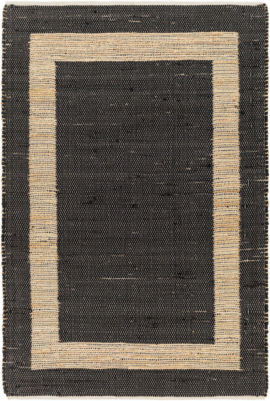 Close-up of the hand woven Ghita Black Area Rug, featuring a natural border and dark center. Rectangle shape. Design-Rectangle-576