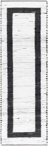 Close-up of the hand woven Jaden Area Rug. Charcoal and off white rug with a contemporary rectangular design. Design-Runner-268