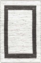 Close-up of the hand woven Jaden Area Rug. Charcoal border on an off white jute and recycled fabric. Contemporary style. Design-Rectangle-576