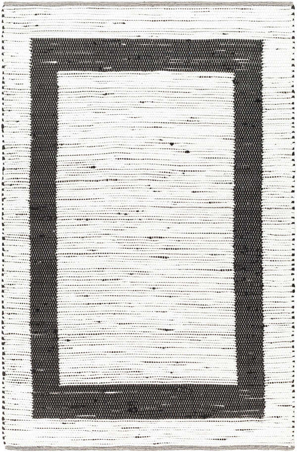 Close-up of the hand woven Jaden Area Rug. Charcoal border on an off white jute and recycled fabric. Contemporary style. Design-Rectangle-576