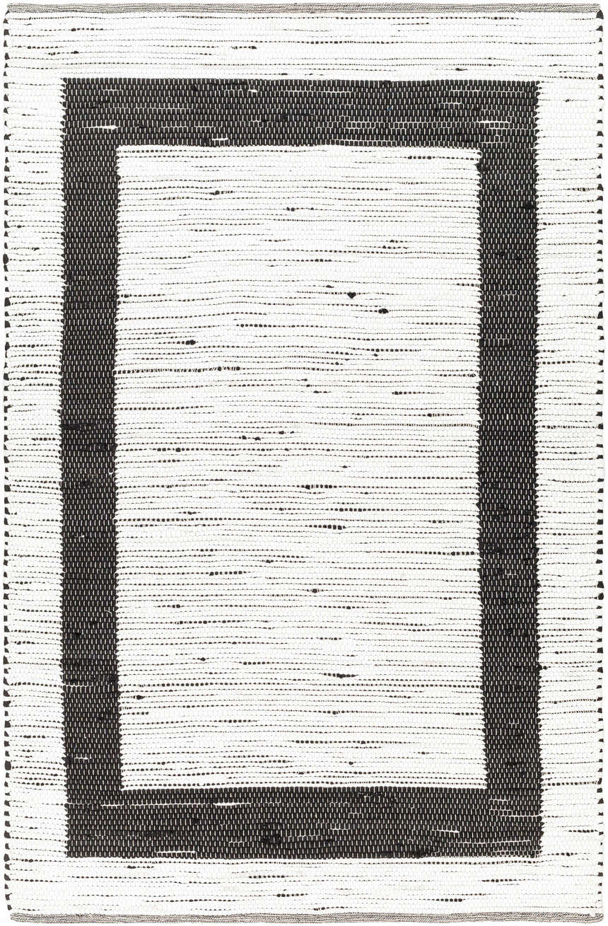 Close-up of the hand woven Jaden Area Rug. Charcoal border on an off white jute and recycled fabric. Contemporary style. Design-Rectangle-576