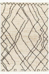 Close-up of the Hersz Cream Area Rug. Shag rug with brown geometric diamond pattern and tassels. Farmhouse style. Design-Rectangle-537