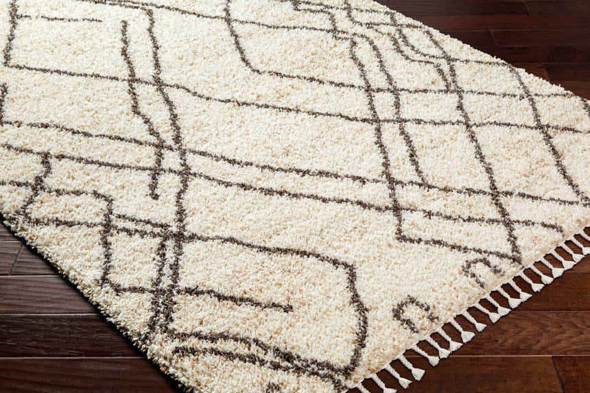 Close-up of the Hersz Cream Area Rug, a shag rug with a geometric dark brown pattern and white tassels on dark wood flooring. Corner