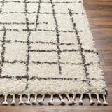 Close-up of the Hodor Area Rug. Beige shag rug with a brown grid pattern and tasseled fringe on dark wood floors. Front
