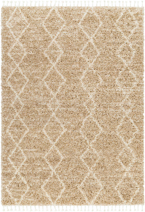 Close-up of the Ishan Area Rug. Camel and beige shag rug with a diamond pattern and tassels. Farmhouse style. Design-Rectangle-537