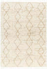 Close-up of the Ishan Cream Area Rug featuring a diamond pattern and tassels. Beige, tan, and cream shag rug. Design-Rectangle-537