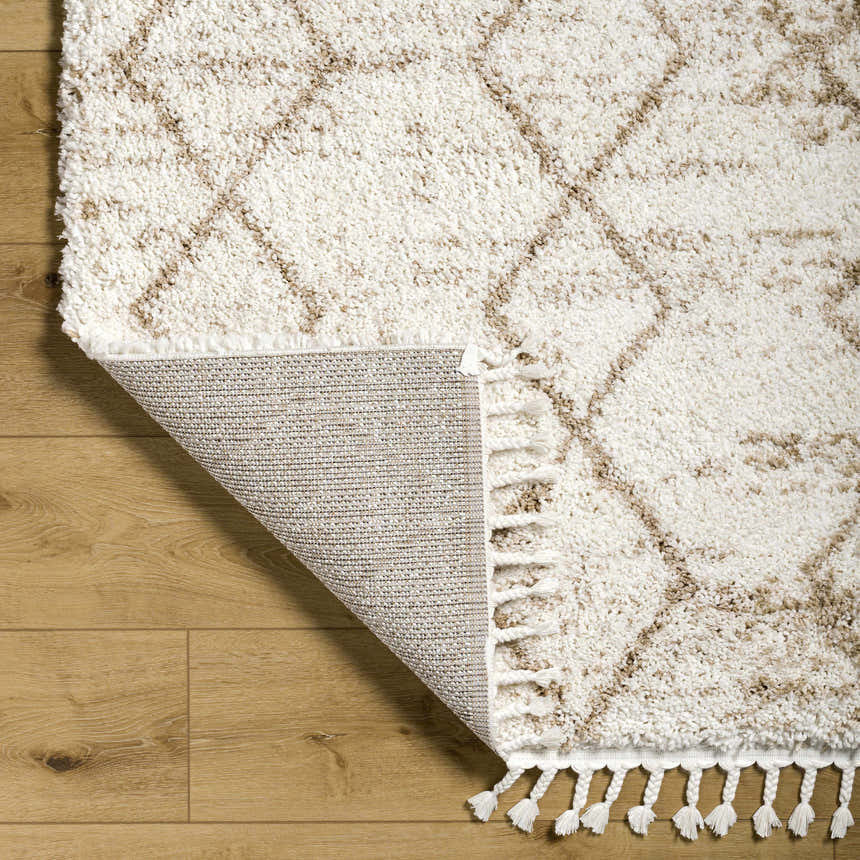 Close-up of the Ishan Cream Area Rug showing its shag texture, geometric pattern, tassels, and backing on a wood floor. Fold