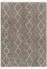Close-up of the Ishan Taupe Area Rug, a shag rug with a diamond trellis pattern and fringe. Beige, brown, and gray tones. Design-Rectangle-537