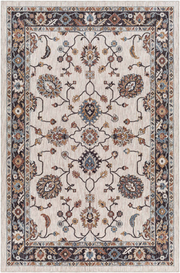 Close-up of Adjoa Area Rug. Traditional floral pattern in black, brown, blue, and cream. Farmhouse style, machine woven. Design-Rectangle-537