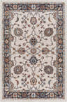 Close-up of Adjoa Area Rug. Traditional floral pattern in black, brown, blue, and cream. Farmhouse style, machine woven. Design-Rectangle-537