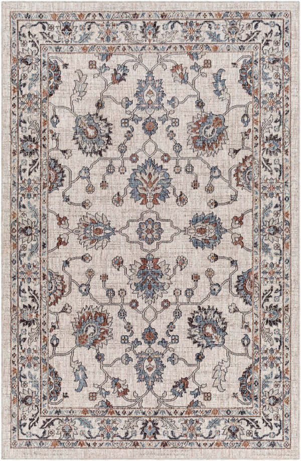 Close-up of the Ardin Cream Area Rug, showcasing its traditional floral pattern in cream, blue, and brown tones. Design-Rectangle-537
