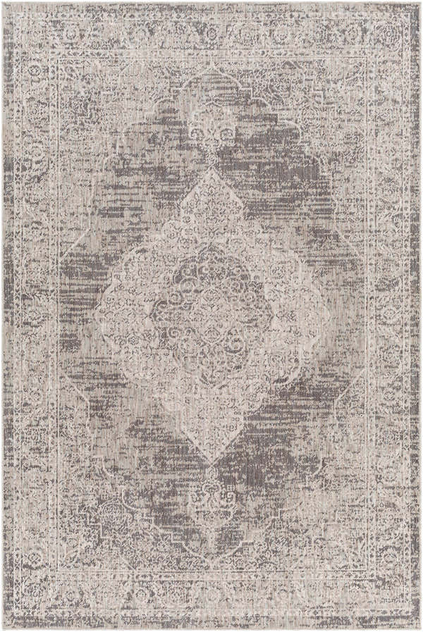 Close-up of the Azibo Area Rug. Traditional, farmhouse style in shades of gray, taupe, and brown. Machine woven, rectangle shape. Design-Rectangle-537