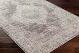 Close up of the Azibo Area Rug showing its traditional, farmhouse design and neutral colors on dark wood flooring. Corner