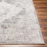 Close-up of the Azibo Area Rug showing a traditional, distressed pattern in light gray, tan, and dark gray on wood flooring. Front