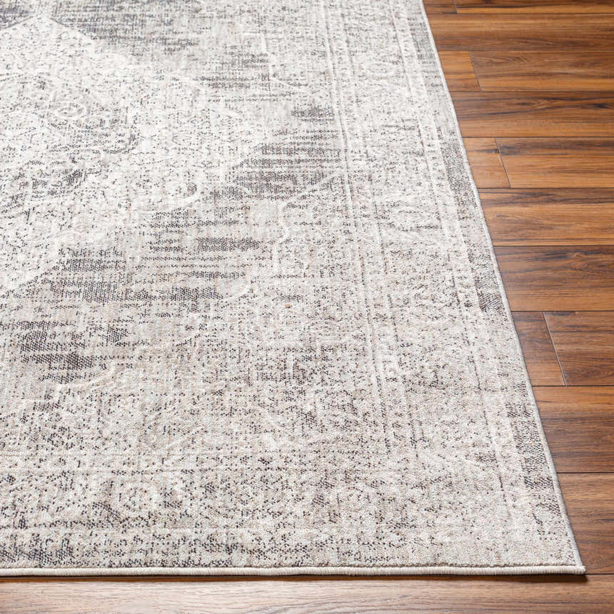 Close-up of the Azibo Area Rug showing a traditional, distressed pattern in light gray, tan, and dark gray on wood flooring. Front