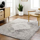 Living room scene with the gray and brown Azibo Area Rug, wood floors, and a mid-century modern cabinet. Roomscene-Rectangle