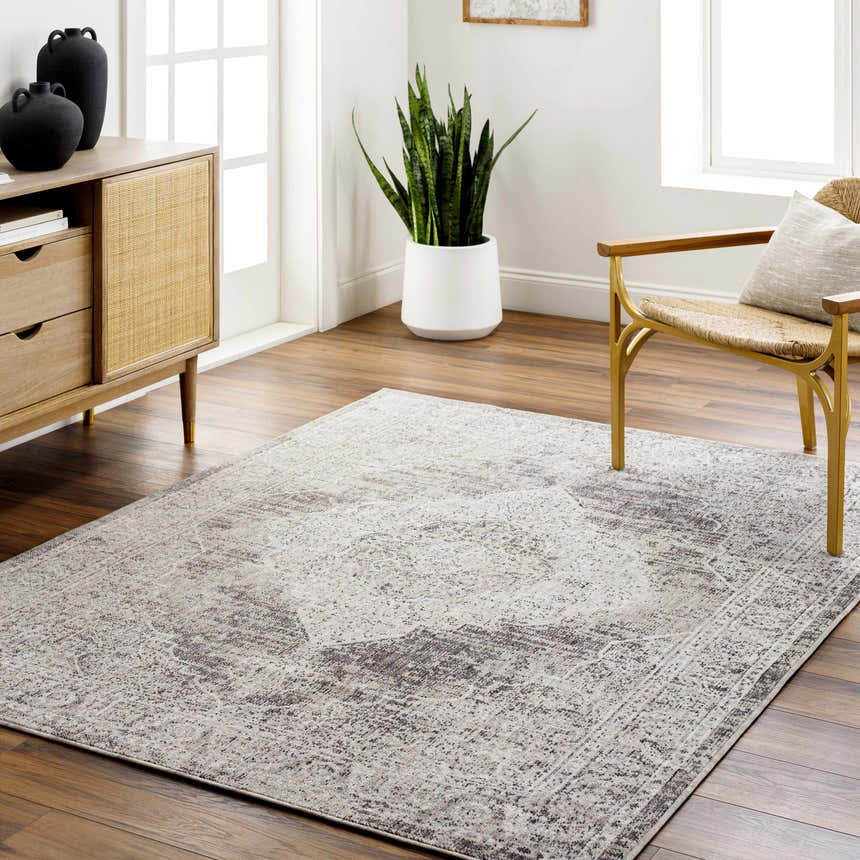 Living room scene with the gray and brown Azibo Area Rug, wood floors, and a mid-century modern cabinet. Roomscene-Rectangle