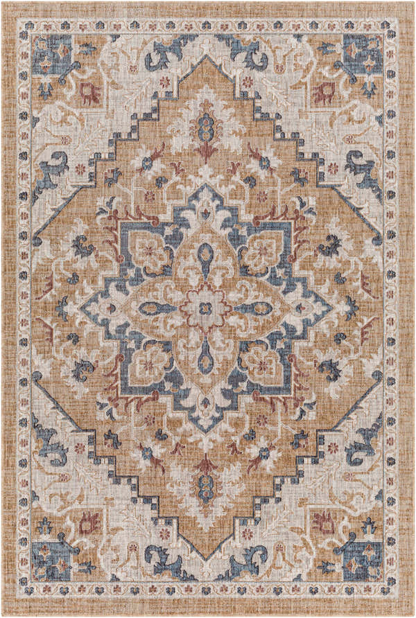 Close-up of the Lewa Beige Area Rug, featuring a traditional diamond pattern in clay, denim, and ivory hues. Machine woven texture. Design-Rectangle-537