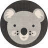Close-up of a round Kids Koala Animal Print Nursery Area Rug in gray, brown, and black. Features a cute koala face design. Design-Round-53