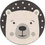 Round Kids Bear Animal Print Nursery Area Rug in bone, dark gray, and nutmeg. Cute bear face design with polka dot background. Design-Round-53