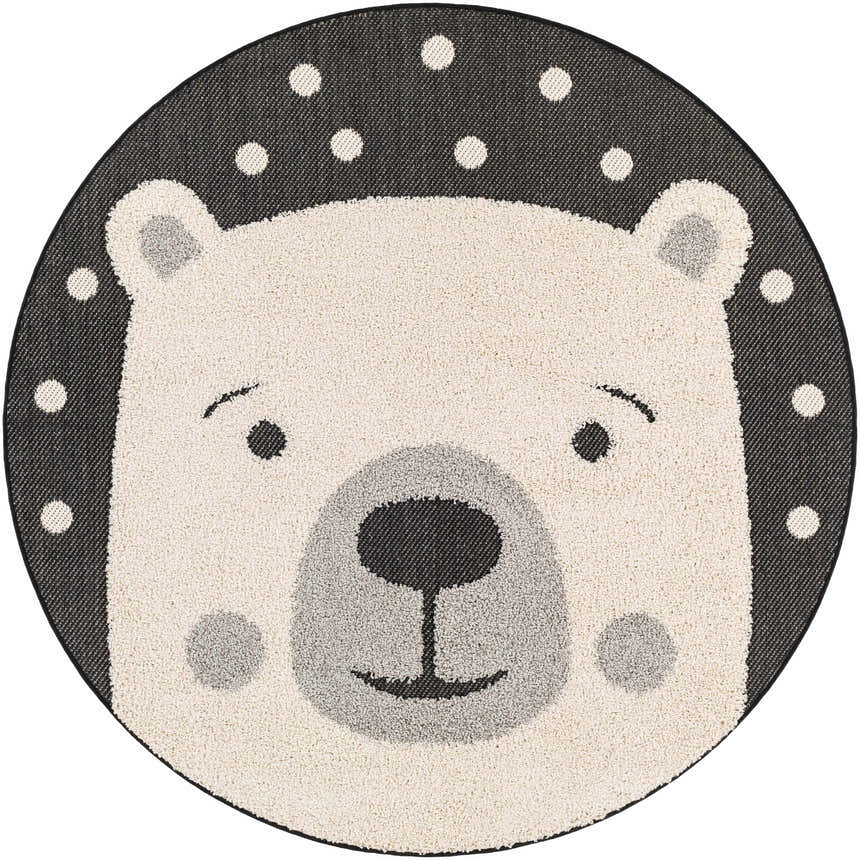 Round Kids Bear Animal Print Nursery Area Rug in bone, dark gray, and nutmeg. Cute bear face design with polka dot background. Design-Round-53