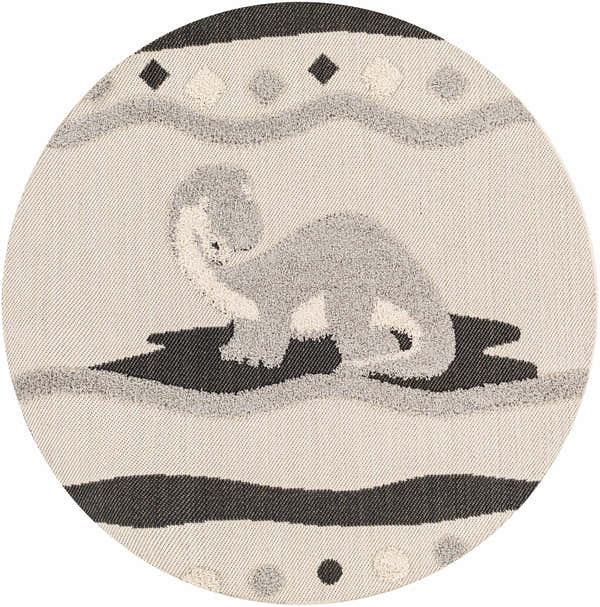 Round Kids Dinosaur Animal Print Nursery Area Rug in bone, dark gray, and nutmeg. Features a cute dino and geometric pattern. Design-Round-53