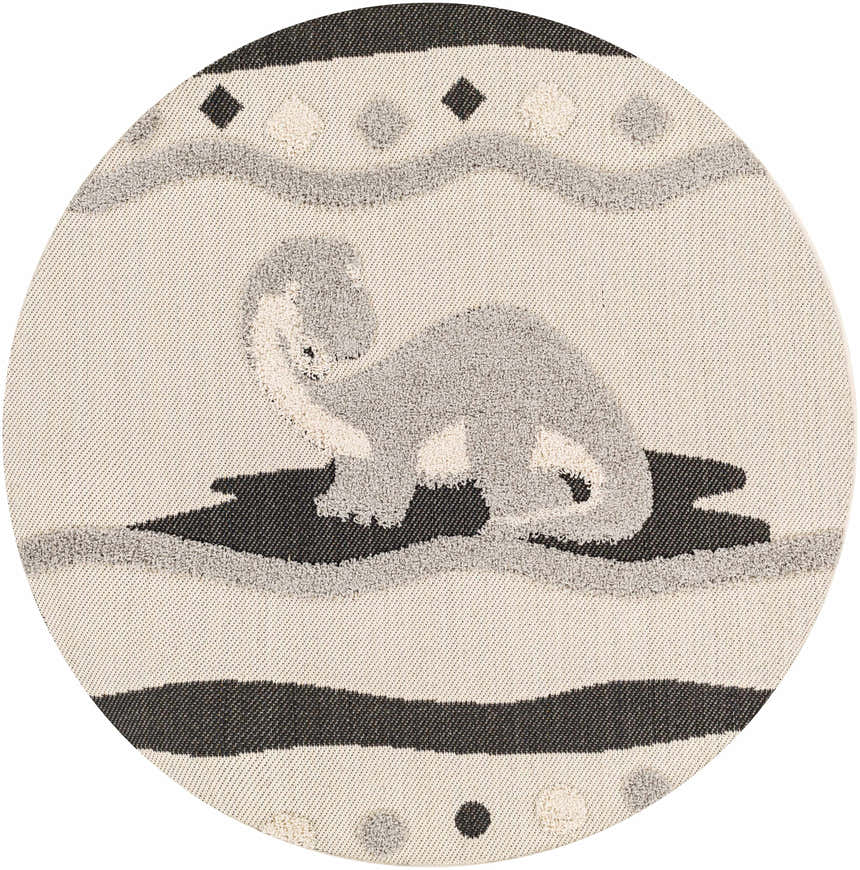 Round Kids Dinosaur Animal Print Nursery Area Rug in bone, dark gray, and nutmeg. Features a cute dino and geometric pattern. Design-Round-53