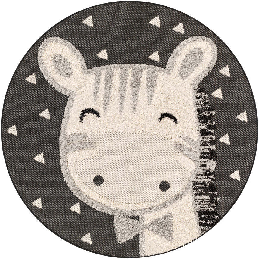 Round Kids Giraffe Bowtie Animal Print Nursery Area Rug. Bone, gray, and nutmeg giraffe with bowtie on a black background. Design-Round-53