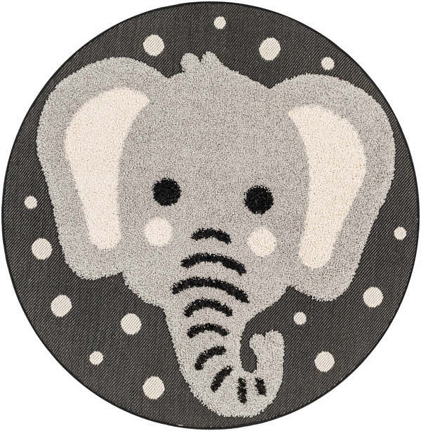 Round Kids Elephant Animal Print Nursery Rug in gray and black with polka dots. Design-Round-53