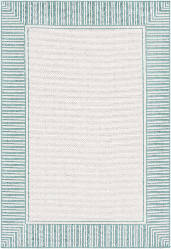 Close-up of Skipton Area Rug. White rug with a teal and white striped border and geometric corner details. Design-Rectangle-5376