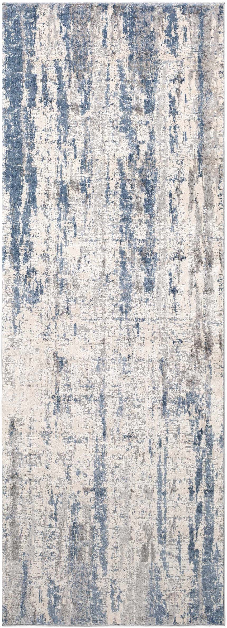 Close-up of Skidby Area Rug - Clearance. Contemporary style with blue, charcoal, gray, and off-white abstract pattern. Design-Runner-2773