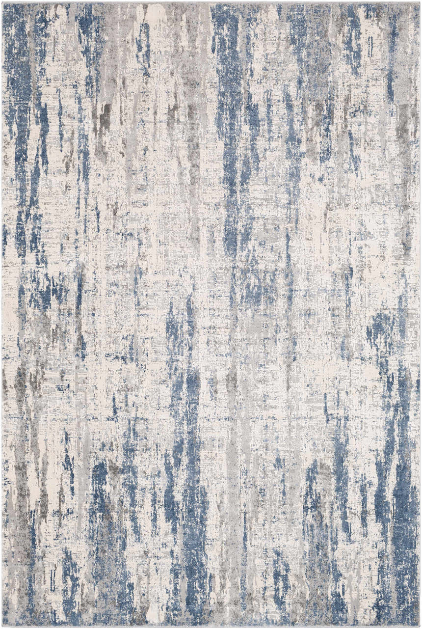 Close-up of Skidby Area Rug - Clearance. Contemporary style with blue, charcoal, gray, and off-white abstract pattern. Design-Rectangle-5373