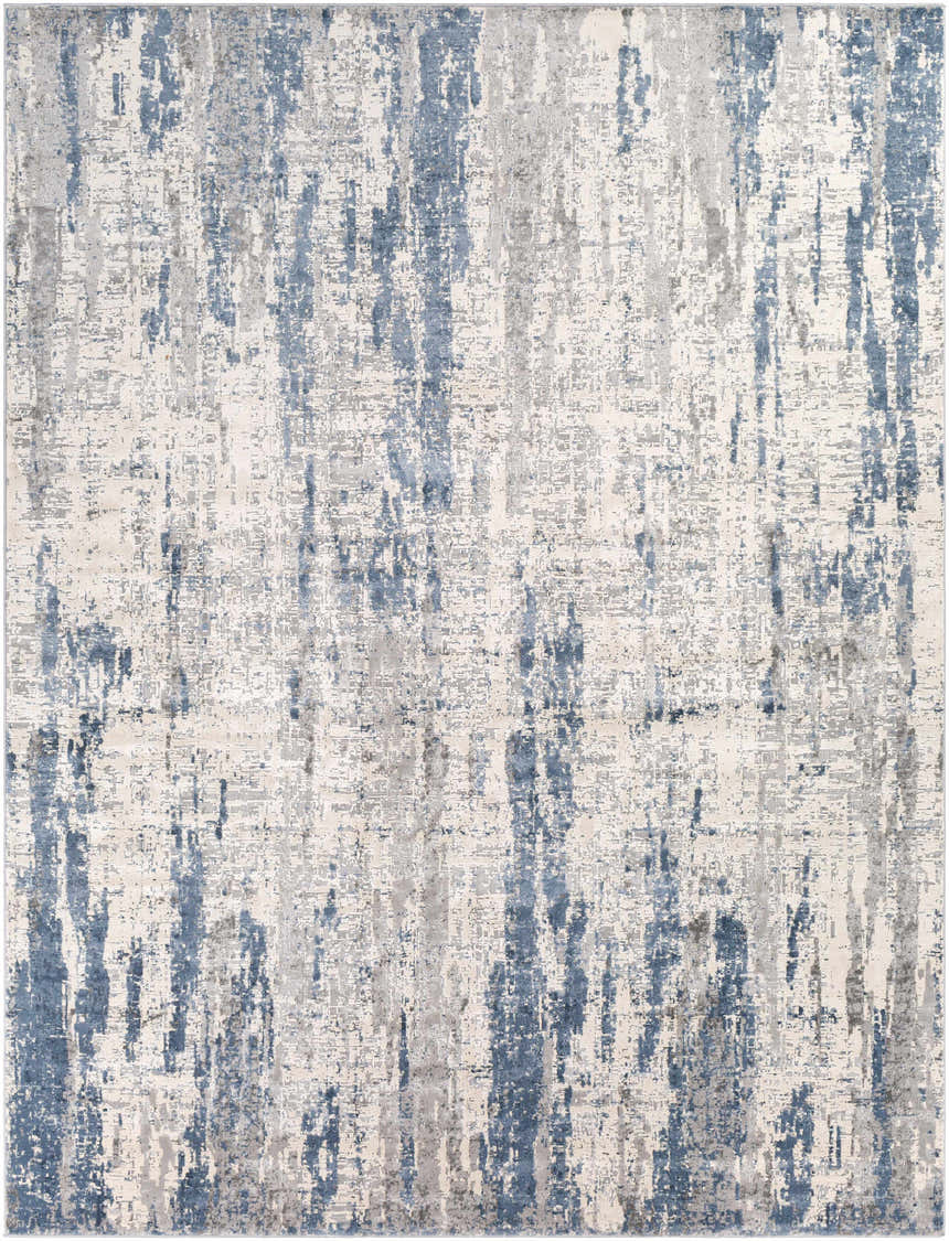 Close-up of the Skidby Area Rug. Contemporary style with blue, charcoal, gray, and off-white abstract pattern. Design-Rectangle-710103