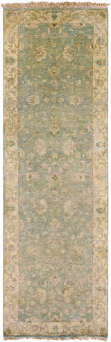 Close-up of the hand-knotted Skipwith Area Carpet. Farmhouse style rug in shades of light green and cream with floral details. Design-Runner-268