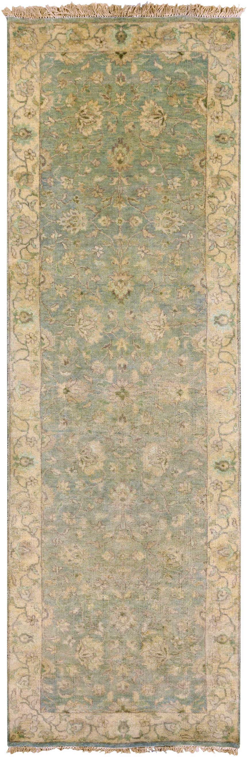 Close-up of the hand-knotted Skipwith Area Carpet. Farmhouse style rug in shades of light green and cream with floral details. Design-Runner-268