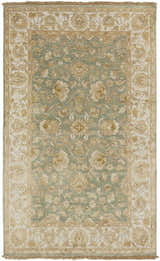 Hand knotted Skipwith Area Carpet in green and cream with traditional floral design and fringe. Design-Rectangle-58