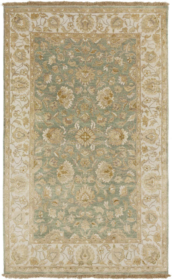 Hand knotted Skipwith Area Carpet in green and cream with traditional floral design and fringe. Design-Rectangle-58