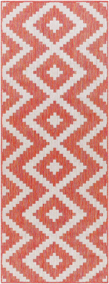 Close-up of the Anke Orange Area Rug featuring a geometric diamond pattern in terracotta and lambswool hues. Design-Runner-2773