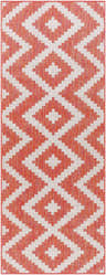 Close-up of the Anke Orange Area Rug featuring a geometric diamond pattern in terracotta and lambswool hues. Design-Runner-2773