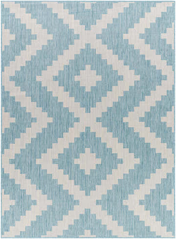Close-up of Anke Aqua Area Rug featuring a geometric diamond pattern in light blue and white. Design-Rectangle-537