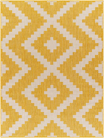 Close-up of Anke Yellow Area Rug showing a geometric diamond pattern in yellow and beige. Design-Rectangle-537