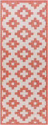 Close-up of the Arwa Area Carpet. Geometric pattern in brown, coral, pink, and red hues on a lambswool background. Design-Runner-2773