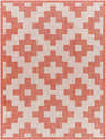 Close-up of the Arwa Area Carpet; a geometric design in brown, dark coral, and lambswool hues. Design-Rectangle-537
