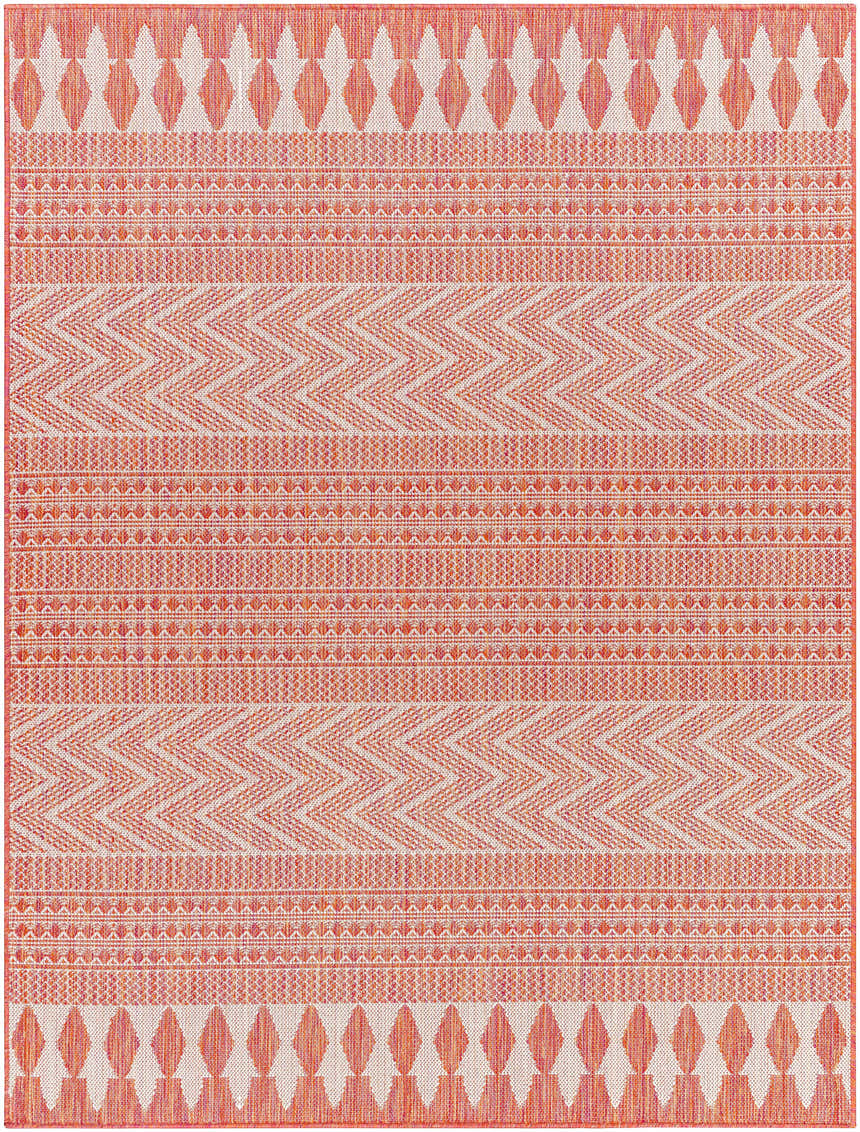 Close-up of the Asif Orange Area Rug showing a geometric pattern in terracotta, brown, and cream hues. Design-Rectangle-537